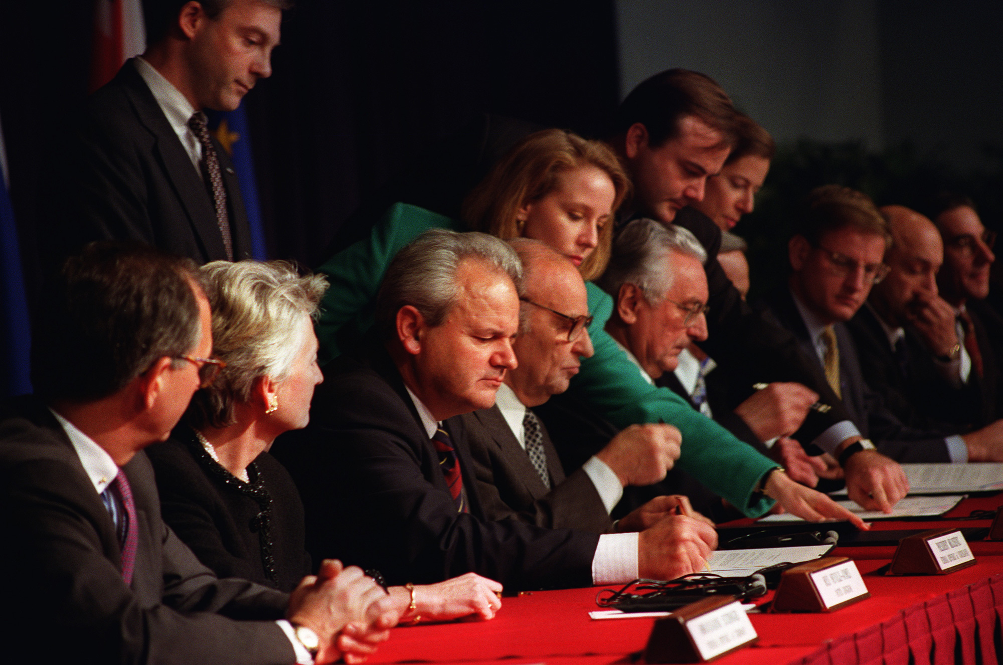WRIGHT-PATTERSON AFB, OHIO, Nov. 21, 1995 -- President Slobodan Milosevic of the Federal Republic of Yugoslavia, President Alija Izetbegovic of the Republic of Bosnia-Herzegovina, and President Franjo Tudjman of the Republic of Croatia sign the Dayton Peace Accords.  The Balkan Proximity Peace Talks were conducted at Wright-Patterson Air Force Base November 1-21, 1995.  The talks ended the conflict arising from the breakup of the Republic of Yugoslavia.  The Dayton Accords paved the way for the signing of the final “General Framework Agreement for Peace in Bosnia and Herzegovina” on December 14 at the Elysee Palace in Paris. (U.S. Air Force/Staff Sgt. Brian Schlumbohm)