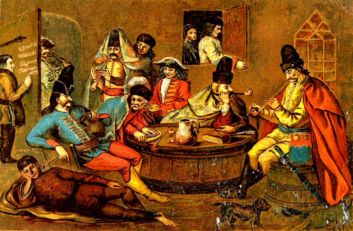 10. kep Iszogato pipazo tarogatomuzsikat hallgato kurucok olajfestmeny. 1700