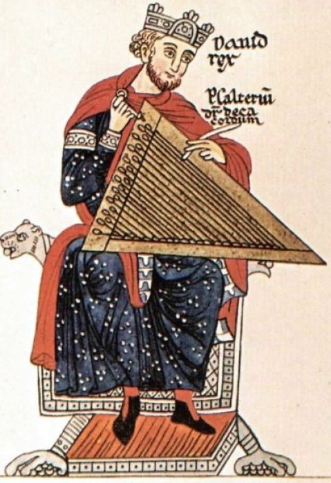 Pszaltérium-ábrázolás a Hortus Deliciarum-ban (Elzász, 1175–1185)
