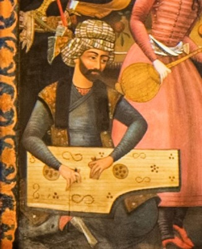 Szantúron játszó zenész a Csehel Szotun-palota freskóján (Iszfahán, 1660)
