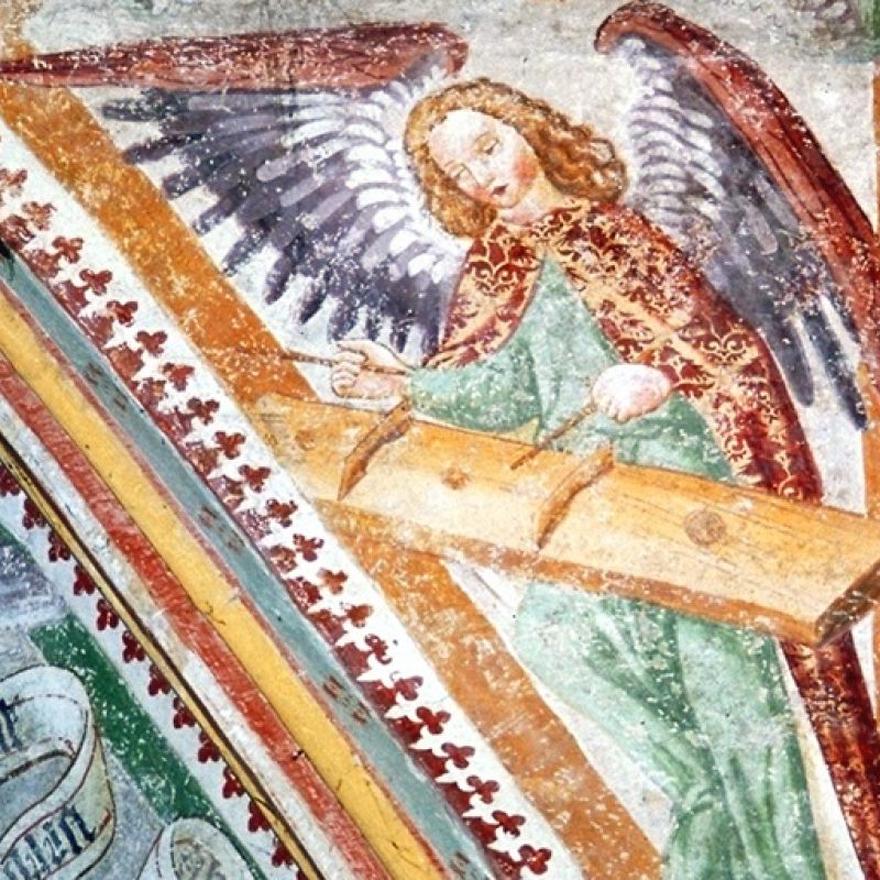 Cimbalmon játszó angyal a mirnai Keresztelő Szent János-templom freskóján (Szlovénia, 1472)