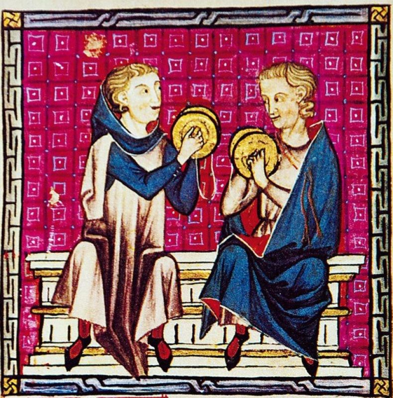 Cymbalonon játszó zenészek a Cantigas de Santa Maria CXC. kantigáján (Spanyolország, 1221–1284)