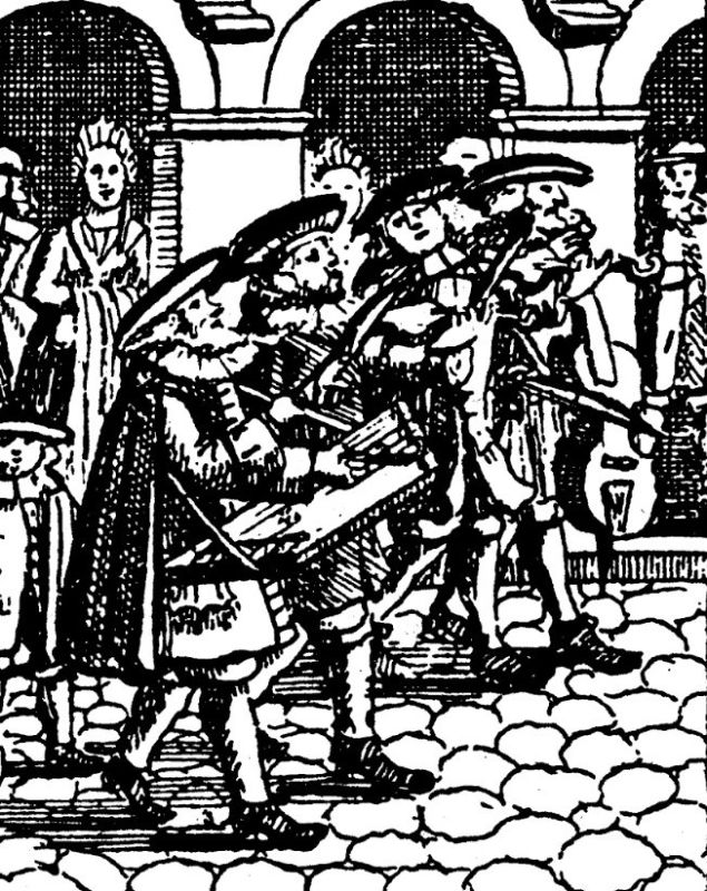 Középkori zsidó esküvői felvonulás kísérete cimbalommal Peter Fehr rézmetszetén (Frankfurt am Main, 1717)