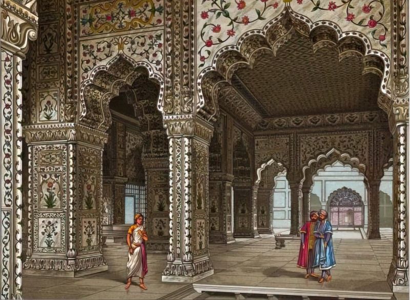 Delhi, a mogul uralkodók palotájának fogadóterme (Gustave Le Bon: Les civilisations de l’Inde. Paris, 1887)