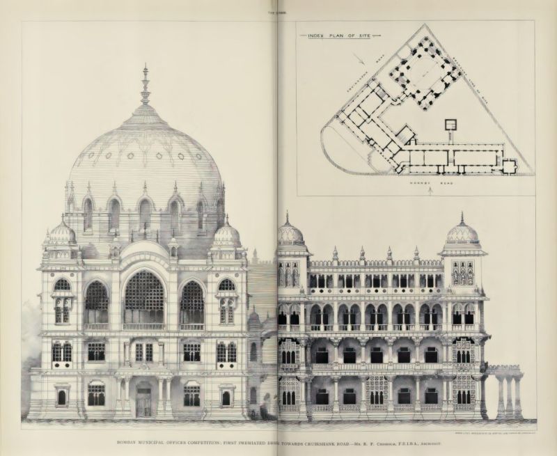 Robert Fellows Chisholm: Bombay-i kormányépület díjnyertes pályaterve (The Builder, 1888. 2387. sz.)