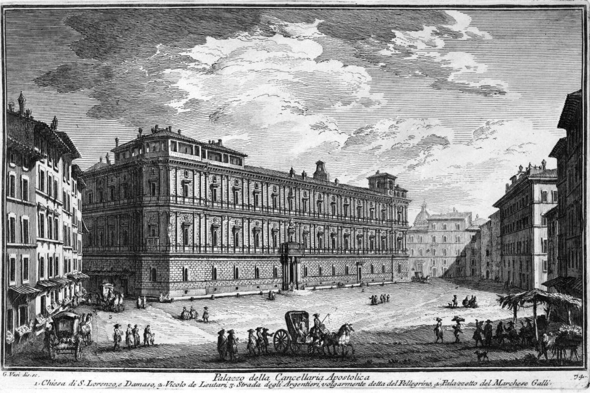 Giuseppe Vasi, Palazzo della Cancelleria, Róma, 18. század. Giuseppe Vasi: Raccolta delle piú vedute antiche e moderne di Roma disegnate ed incise secondo lo stato presente. Vol. 1 Roma : [s.n.], 1803.