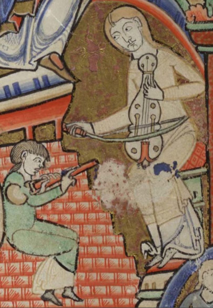 Szimpla vagy kettőssípszáras dudatípus ábrázolás a Hunter zsoltároskönyvben. (1175)