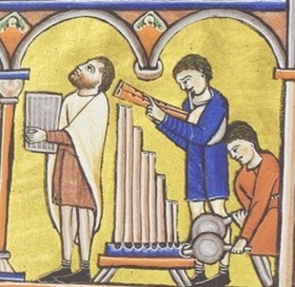 Paralel 5/5 ujjnyílásos kettőssípszáras dudatípus ábrázolása a müncheni Aranyzsoltároskönyvben. (1200-1210)