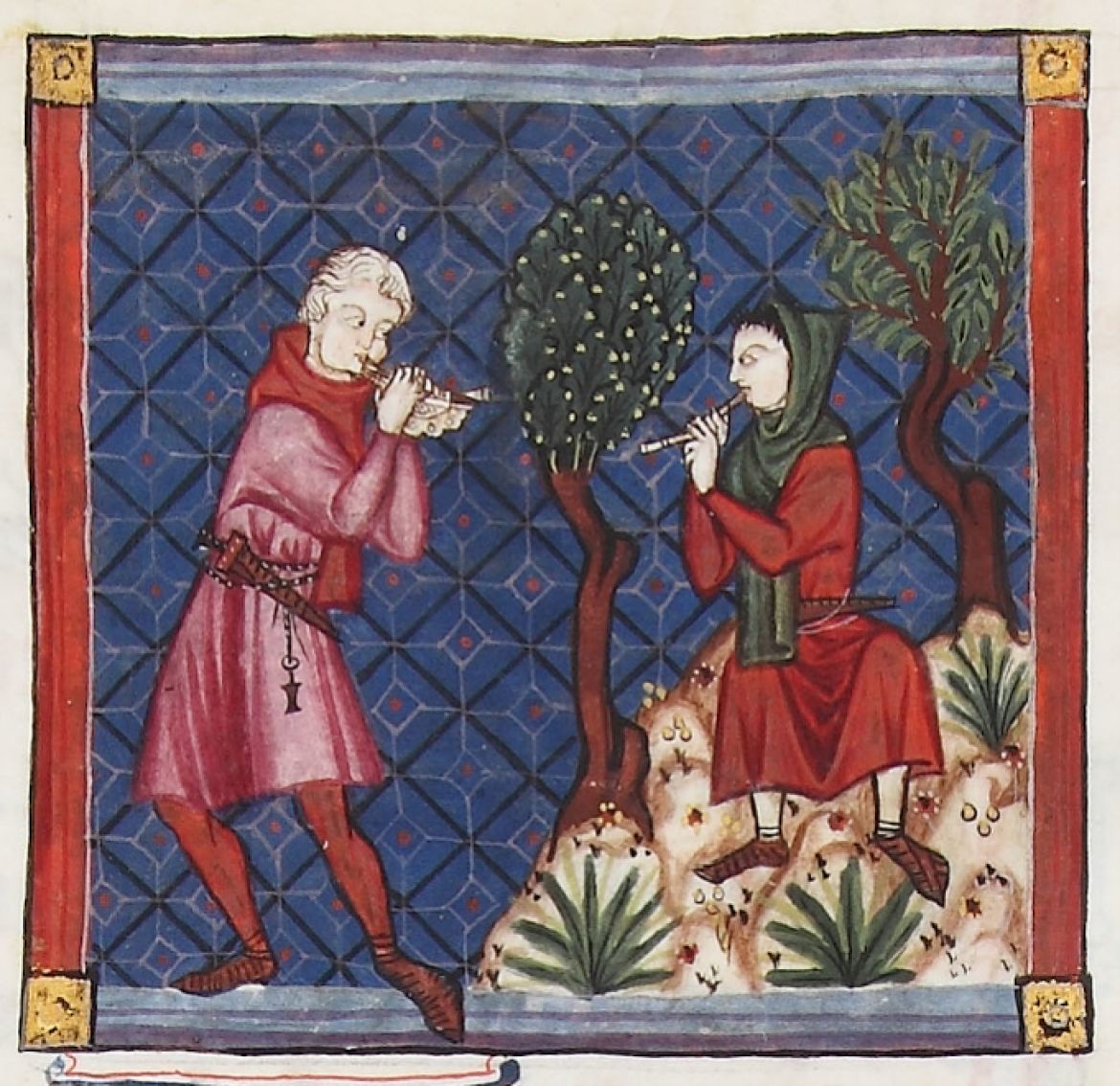 Alboka légtölcséres és légkamrás kettős nyelvsípon játszó zenészek ábrázolása a Cantigas de Santa Maria kódexben. 1280
