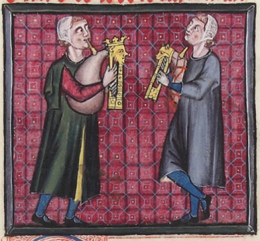 Kettős sípszáras dudán játszó zenészek ábrázolása a Cantigas de Santa Maria kódexben. (1252–1284)
