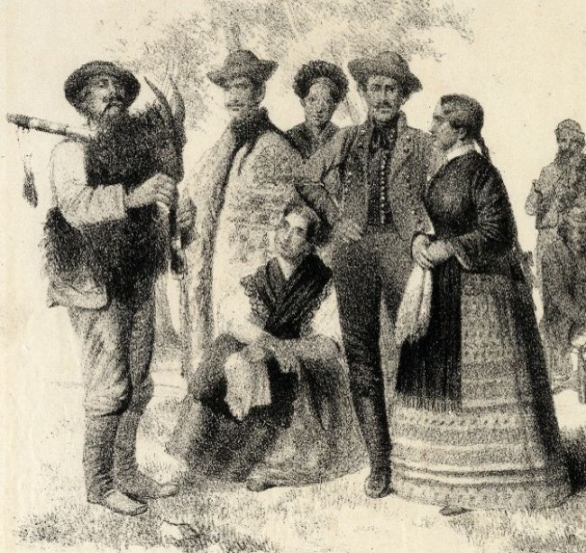 Duplasípszáras kecskefejes dudaábrázolás Grimm Rezső „Kecskeméti viseletek” című litográfiáján (1853)